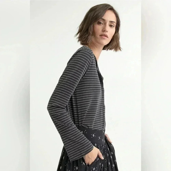 Lucky Brand Black Stripe Henley Bell Sleeve Blouse Shirt Long Sleeve Size M - Picture 1 of 12